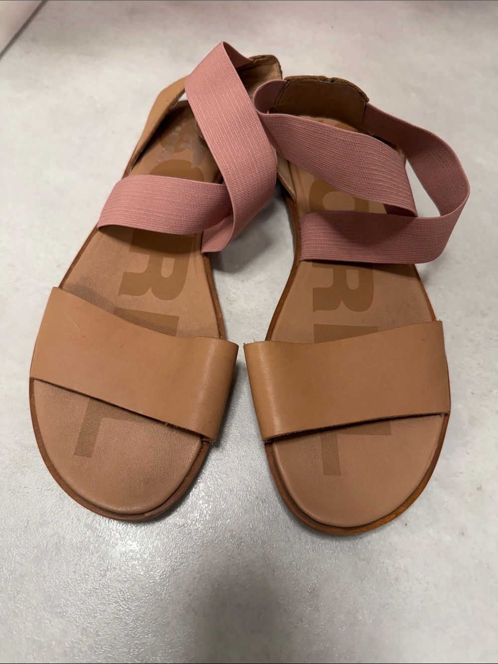 Sorel Women’s Tan Sandals with Pink Elastic Crisscross Straps
